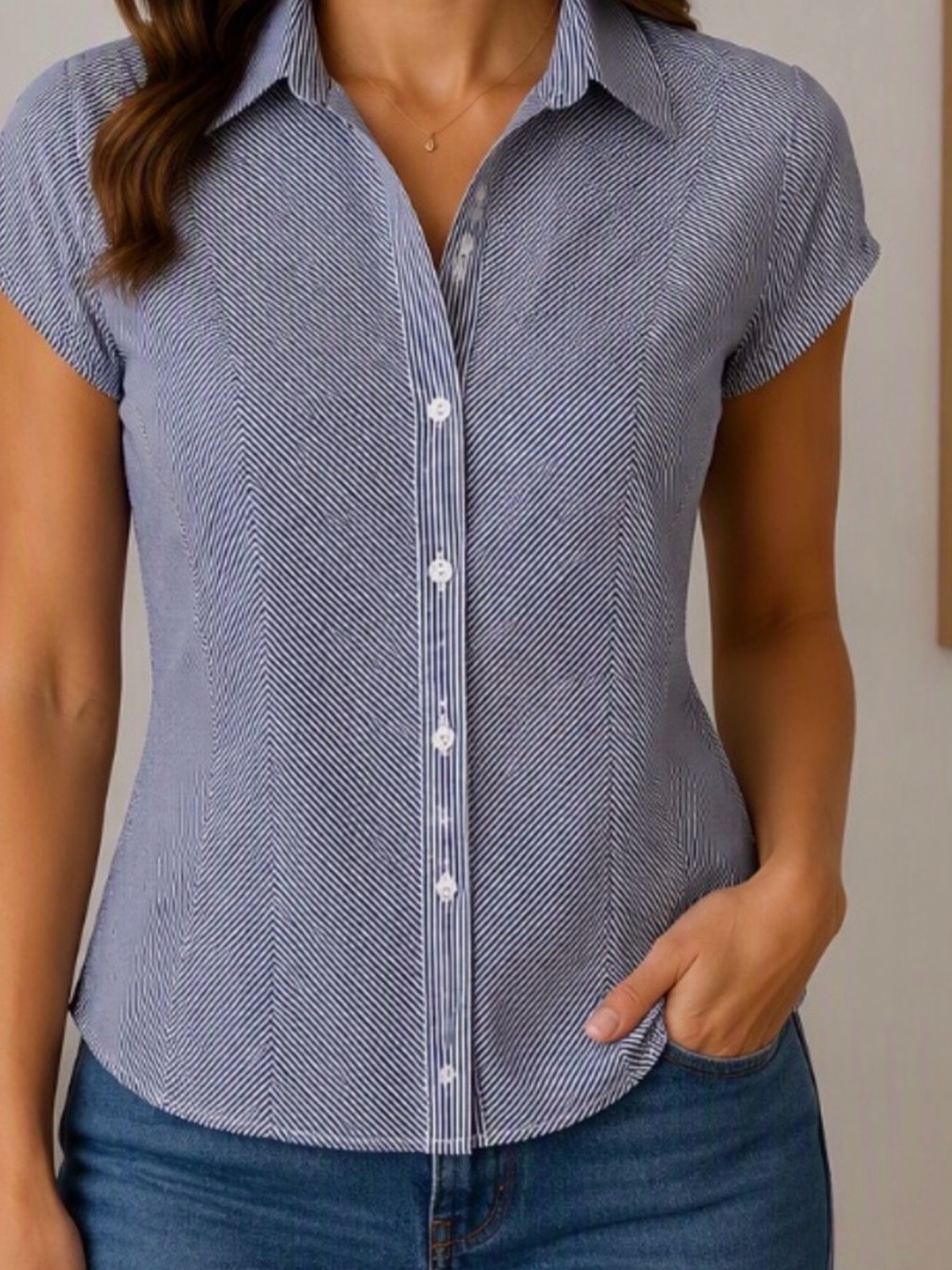 H&M Blue Pinstripe Short-Sleeve Button-Down Shirt